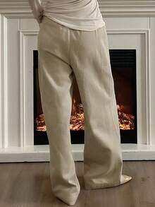 Livesso Solid Color Elastic Waist Patchwork Straight Leg Pants Fall