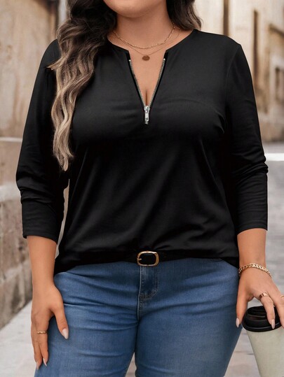 EMERY ROSE Día del maestro, Regreso a clases, Festival de música, Ropa de mujer talla grande, Ropa de mujer para Navidad y Halloween, Camisetas con cremallera en el cuello, Camisetas de mujer de unicolor negro retro, Ropa de otoño talla grande