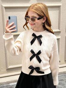 SHEIN Tween Girls' Casual Elegant Knitted Colorblock Bow Turtleneck Sweater, Versatile & Cute For Everyday Wear, Autumn/Winter Fall - Khaki - View 2