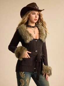 ROMWE EDITION Women's Autumn/Winter Fur Collar Long Sleeve Single-Breasted Fitted Fashionable Knitted Cardigan - Brown - View 11