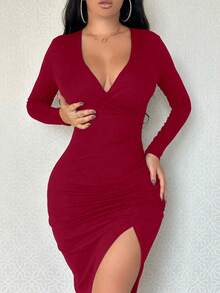 Zolique Plunging Neck Split Thigh Ruched Bodycon Dress Maxi Women Outfit - Burgundy - View 3