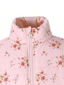 Tween Girl Floral Print Zip-Up Stand Collar Padded Coat, Winter - Multicolor - View 5