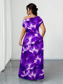 Elenzga Plus Size Printed Sexy Asymmetrical Shoulder Ruched Waist Elegant Dress