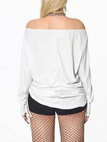 POPSWAY Plus Size Women's Sexy Off Shoulder Long Sleeve Graphic Print Drawstring Casual Loose Top T-Shirt