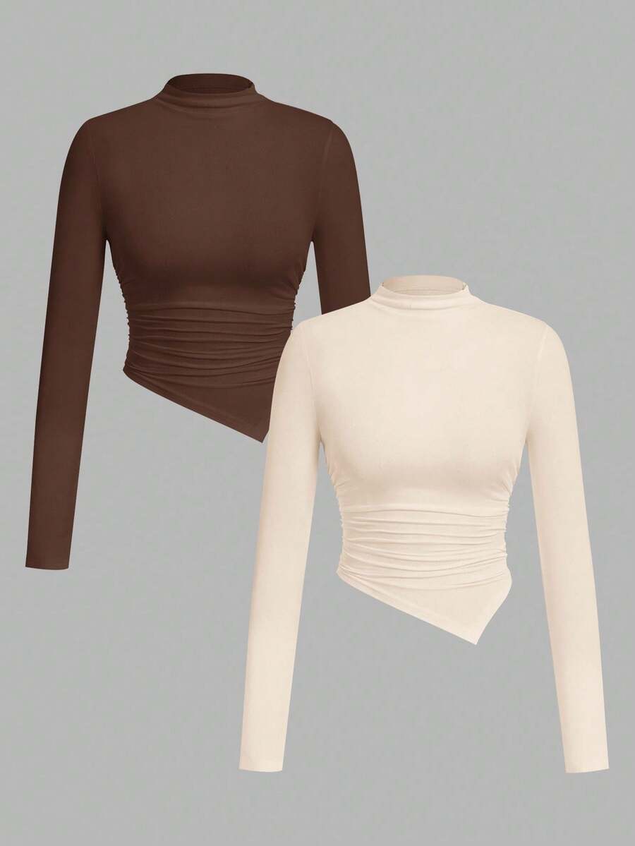 SHEIN SXY 2件套立领不对称下摆黑白长袖T恤 - 彩色 - 查看 1