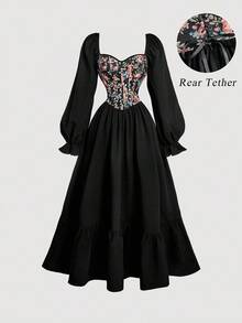 SHEIN MOD Women's Vintage Floral Lantern Sleeve Dress, Corset Midi Dress, Peasant Dress,  Vintage Dress, Elegant Dress,Fall Dress,Halloween,New Year Dress,Graduation Dress,Party Outfit,WesternFor Women,Country Concert Outfit,Vampire Costume, Black Corset Dress, Witchy Dress, Vampire Dress, Gothic Dress - Black - View 3