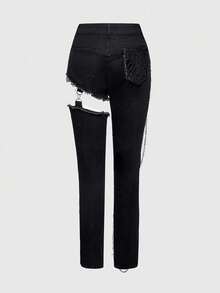 ROMWE Goth 女款韩流暗黑朋克哥特铆钉链条装饰镂空拼接做旧紧身牛仔裤 - 黑色 - 查看 2