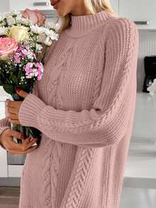 EURMUSE Cable Pattern Mock Neck Raglan Sleeves Mini Sweater Dress - Pink - View 2