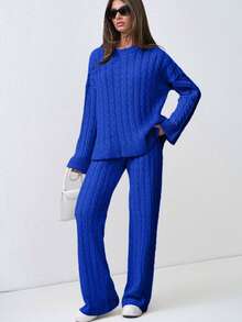 SHEIN Tall 女式粗针织落肩毛衣和裤子两件套