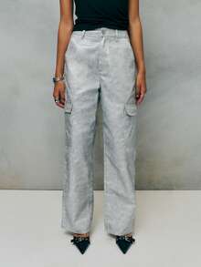 TypaGal Silver Jeans With Relaxed Cargo Design,Large Pockets,Metallic Finish,Chic Streetwear For Summer City Break,Light Grey Modern Utilitarian Style - Grey - View 1