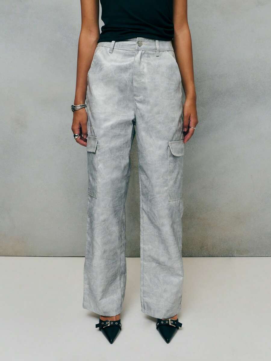 TypaGal Silver Jeans With Relaxed Cargo Design,Large Pockets,Metallic Finish,Chic Streetwear For Summer City Break,Light Grey Modern Utilitarian Style - Grey - View 1