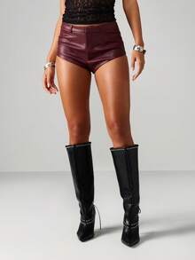 MISSGUIDED 仿皮热裤高腰短裤节日派对夜店夜场短裤冬季迷你短裤 - 酒紅色 - 查看 1