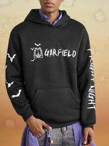 GARFIELD | SHEIN Sudadera con capucha casual de hombre con estampado de letra y gato, otoño - Negro - Ver 1