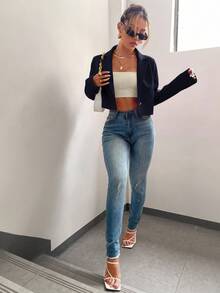 BizChic Damska marynarka z cienkim kołnierzykiem i otwartym przodem, podstawowy top na miejskie dojazdy, strój biznesowy na co dzień, strój do biura, elegancki na imprezę świąteczną, noworoczną - Granatowy - Zobacz 4