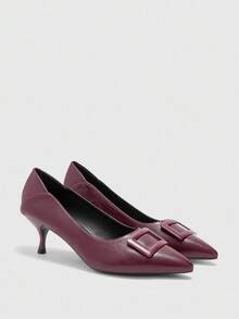 CUCCOO BIZCHIC Tacones altos de mujer con hebilla cuadrada negra, punta afilada, tacón de aguja medio, elegantes, casuales, minimalistas, cómodos, de fácil deslizamiento, para oficina y traslados, con estilo chic, adecuados para citas, trabajo y ocasiones formales - Burdeos - Ver 2