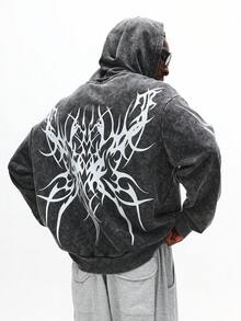 SUMWON Gothic Design Hoodie im Säurewasch-Look, Streetwear Urban Fashion Pullover Sweatshirt mit großem Rückendruck, lässige Winter- und Herbst-Loungewear