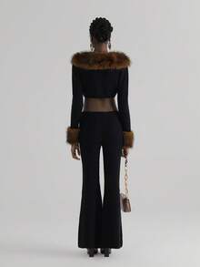 BamGleam 2pcs/Set Fur Collar Fitted Jacket & Flare Pants Women Sweater Suit Woman 2 Piece Outfits Black Two Piece Set Women Black Skirt Set Long Sleeve Two Piece Set Fur Top - Black - View 4