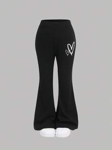 SHEIN 年轻女孩纯黑色/秋冬/针织休闲宽松心形印花运动衫和喇叭裤两件套运动衫套装 - 黑色 - 查看 6