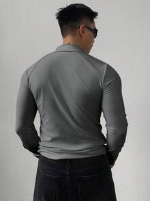 DAZY Men's Solid Gray Slim Fit Sports T-Shirt, Autumn Quarter Zip Men - Grey - View 2