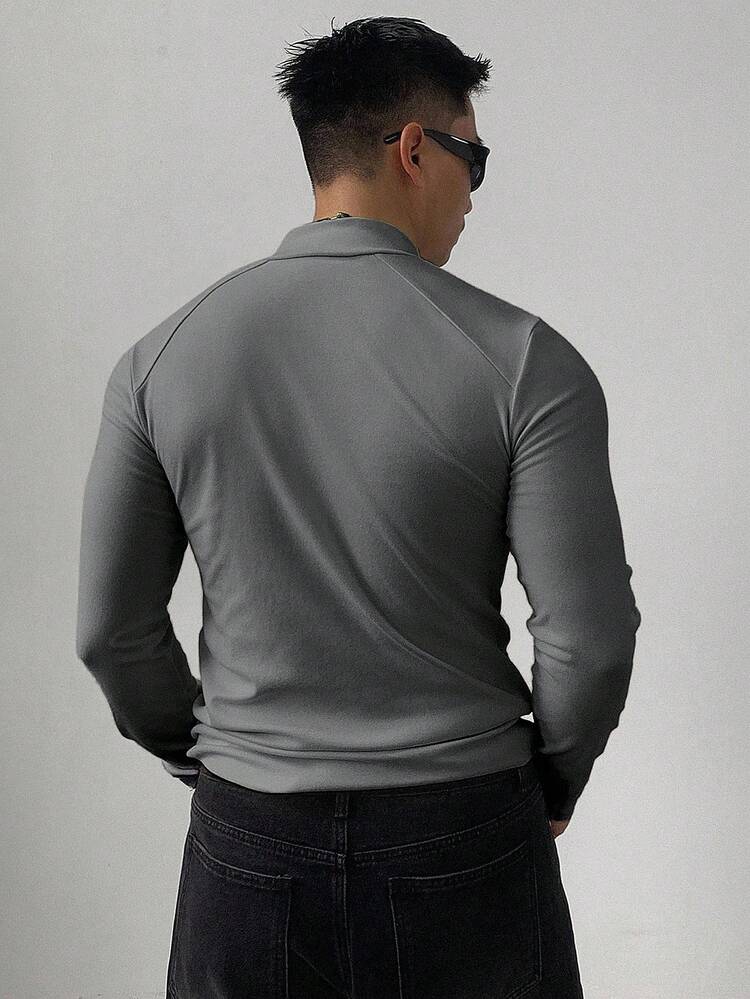 Men's Solid Gray Slim Fit Sports T-Shirt, Autumn Quarter Zip Men
