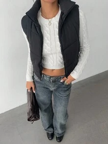 SHEIN EZwear Women's Casual Solid Color Puffer Vest Casual Stand Collar Sleeveless Puffer Jacket Warm Winter Reversible Zip Up Outerwear With Pockets Autumn/Winter,Fall - Black - View 4