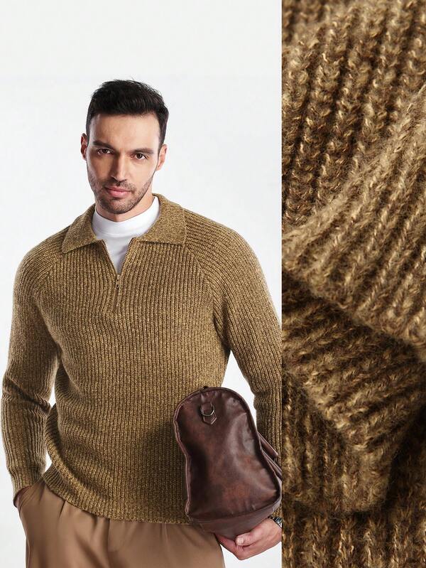 Manfinity CityGents Jersey de punto acanalado de manga raglán con media cremallera y unicolor, para hombre, otoño/invierno