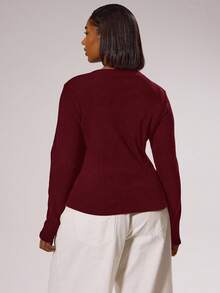 MUSERA 大码修身长袖纽扣上衣，优雅高贵，适合度假、节日、可爱浪漫的90年代Y2K风格春夏复活节 - 酒紅色 - 查看 2