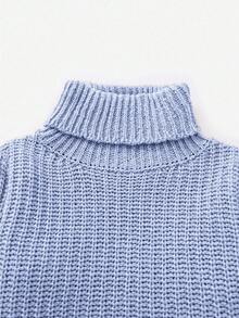SHEIN Tween 女童纯色高领长袖休闲毛衣，秋冬 - 淺藍色 - 查看 3