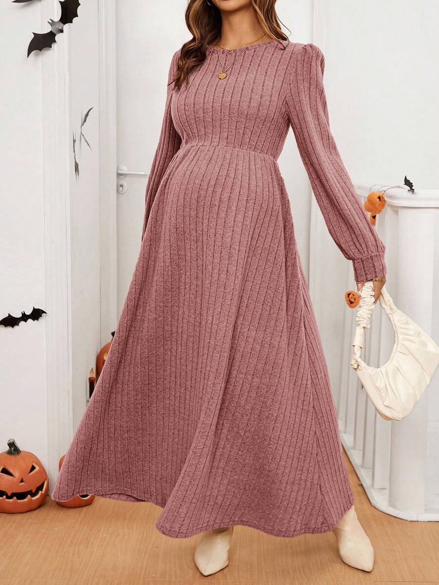 SHEIN Abito casual a maniche a palloncino con collo rotondo e costine, colore tinta unita, da maternità