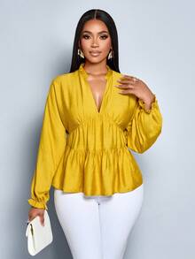 SOLERSUN Vêtements pour femmes automne/hiver, décontractés pour tous les jours, élégants pour le travail, en tissu tissé, manches longues, poignets élastiques, volants froncés, col bateau, col en V, froncé déchiré, ourlet ample, hauts et chemises