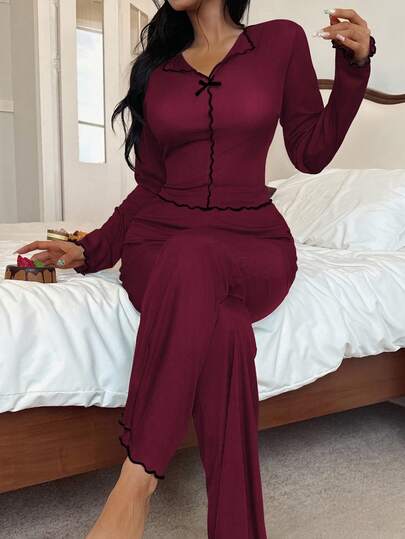 Zwart Rood Contrast Slim Fit Long Sleeve Top Pants Pajama Set, Fall Clothes, Cozy Outfit view 5