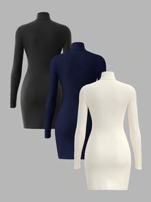 SHEIN BASICS 3 chiếc váy ngắn cổ lọ tay dài dệt kim màu trơn dành cho nữ - Màu xanh hải quân - Xem 2