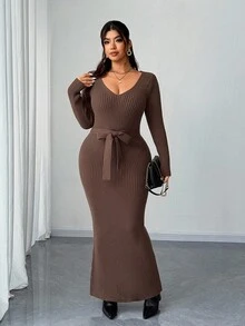 Elenzga Jersey de punto de manga larga con ajuste ceñido y acanalado, talla grande, para otoño/invierno - Marrón - Ver 2