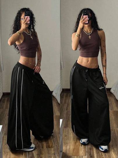 StreetHx 女式黑色宽松条纹拼布运动裤