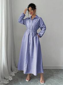 Elenzga 女士春秋季休闲条纹纽扣前开襟衬衫裙长款女装 - 藍白色 - 查看 3