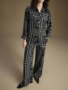 Ontre Women's Wrinkle-Resistant Chiffon 2 Pieces Set, Commuter Outfit, Loose Fit, Urban Casual Business Wear, Office Attire, Autumn/Winter - Navy Blue - View 3