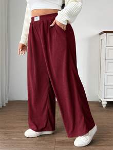 SHEIN EZwear Quần ống rộng lưng cao dáng rộng cỡ lớn dành cho nữ, vải nhung kẻ màu đỏ hồng có túi và thiết kế miếng vá, phù hợp mặc ở trường học, mặc hàng ngày và làm việc trong nhà, mùa thu/đông - Màu Hoa hồng đỏ - Xem 7