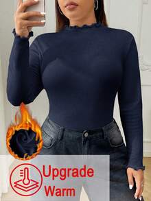 SHEIN EZwear 加大码女式加厚保暖立领长袖紧身T恤，秋冬保暖款 - 藏蓝色 - 查看 1