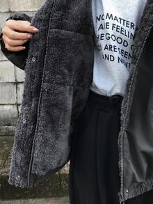 FRIFUL 女士绗缝外套，灰色纯色，立领，下摆收紧，保暖内衬，休闲宽松版型，百搭，秋冬外套 - 深灰色 - 查看 3