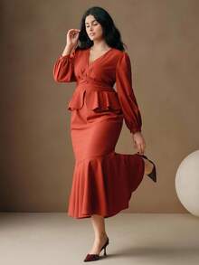 Anewsta Plus Size Women's Rust Orange V-Neck Ruffle Hem Midi Dress,Autumn Elegant Wedding Guest Party Gown,Chic Stylish Casual Cozy Christmas New Year Outfit - Rust Brown - View 1
