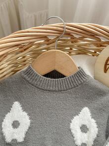 SHEIN 女婴休闲花卉图案圆领毛衣和裤子套装 - 灰色 - 查看 4