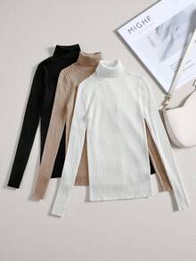 SHEIN Tall 秋冬休闲时尚百搭纯色高领长袖女式毛衣 - 彩色 - 查看 4