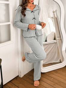 Snug Zone 女士罗纹磨毛V领蝴蝶结长袖长裤睡衣套装，秋冬女士长袖纽扣睡衣套装，两件套舒适睡衣，秋季服装 - 灰色 - 查看 4
