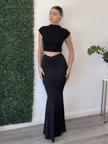 Andrea Bello Summer Solid Mermaid Hem Skirt - Black - View 6