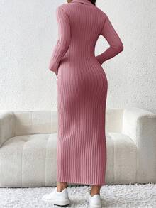 SHEIN Maternity Casual Solid Color Ribbed Button Half-Placket Sweater Dress,Long Sleeve Pink Pregnancy Clothes For Autumn,Smart Casual Baby Shower Outfit - Dusty Pink - View 2