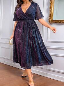 SHEIN CURVE+ Vestido midi de línea A con cuello en V profundo, cintura con efecto ombre y brillo, para mujer de talla grande, para uso en fiestas
