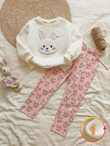 Vintaside Kids 2pcs/Set Young Girl Casual Fashion Versatile Cute Embroidery Crew Neck Long Sleeve Fleece Sweatshirt And Full Print Rabbit Pattern Pants Set, Autumn Fall Winter