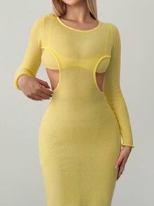 SHEIN ICON Women's Mustard Yellow Knitted Hollow-Out Sheer Long Sleeve Bodycon Dress In Fall/Winter - Yellow - View 6