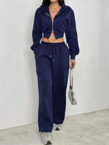 SHEIN PETITE Conjunto de dos piezas de sudadera con capucha y pantalón de chándal gris sólido casual para mujer