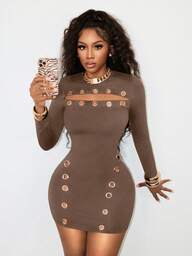 BamGleam Women's Round-Neck Long-Sleeved Open-Front Sexy Low-Cut Metal Chicken-Eye Decorated Tight-Fitting Dress, Women's Street Fashion Clothing, Punk Halloween Festival Women's Dress
